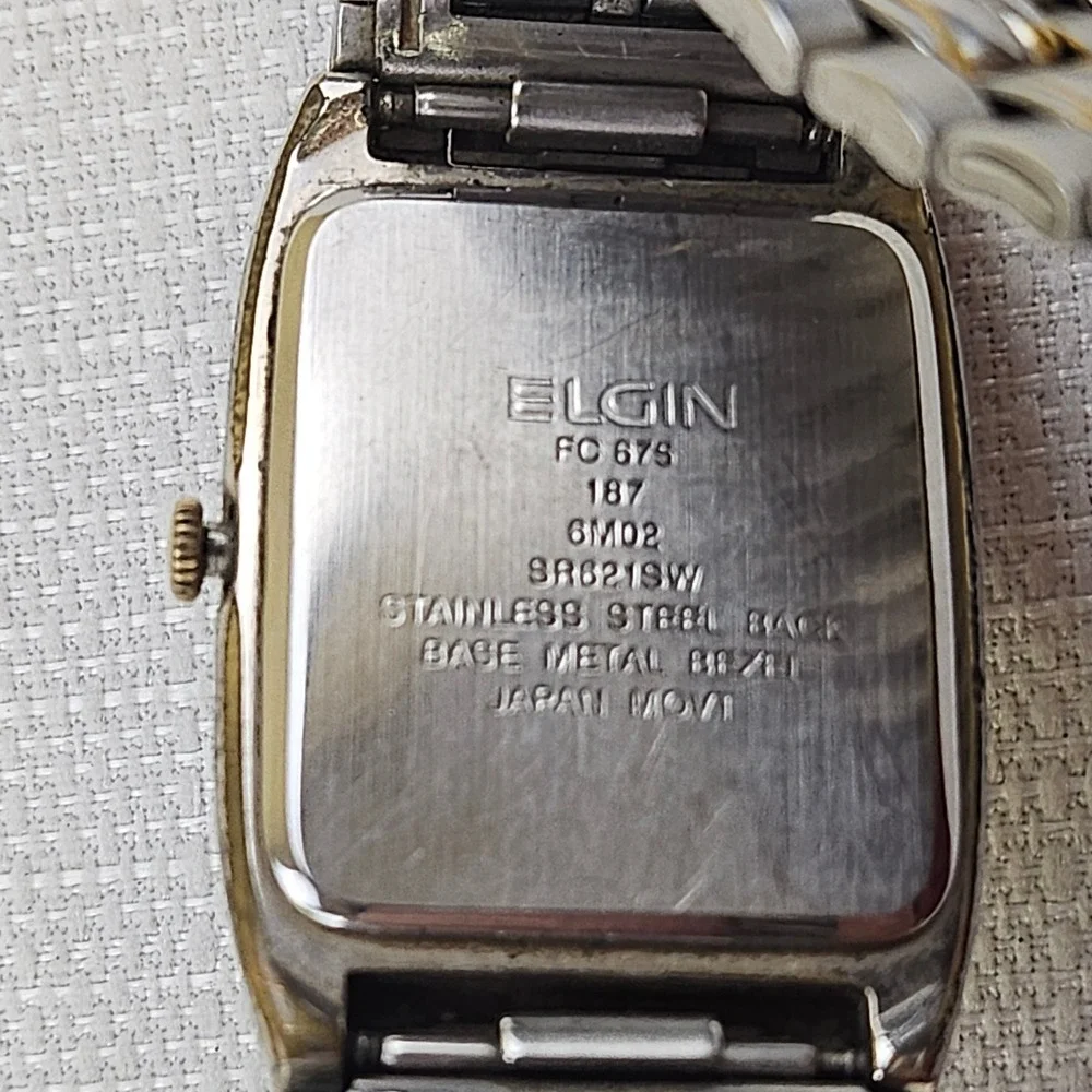 Elgin Two Tone Gold‎ Silver Tone Rectangular Day Date Quartz Watch Men's - READ